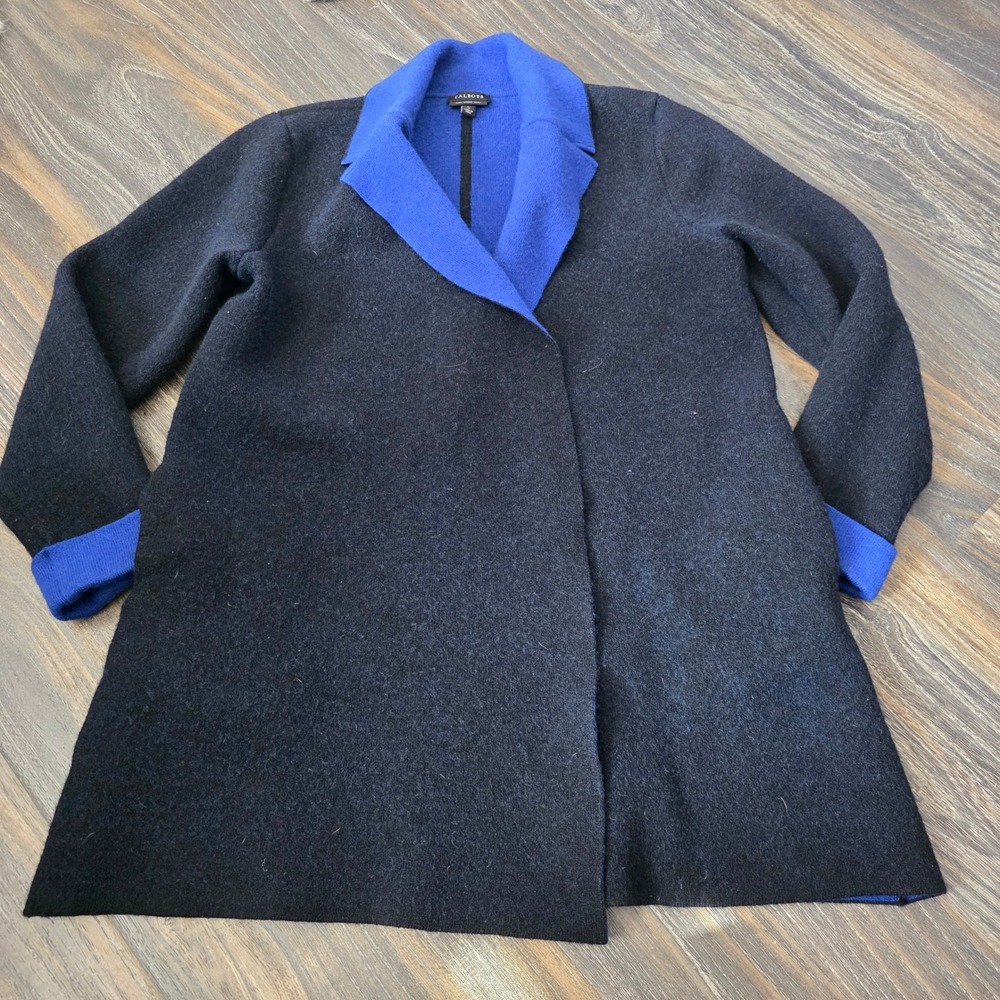Talbots Merino Wool Open Front Cardigan Coat Navy Royal Blue Colorblock Large